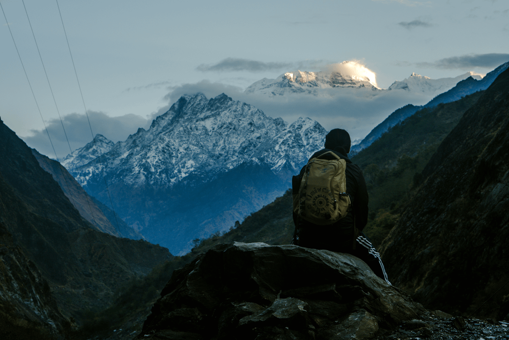 Manaslu Trek - Trekkers on the Himalayan trail with Manaslu Peak in the background